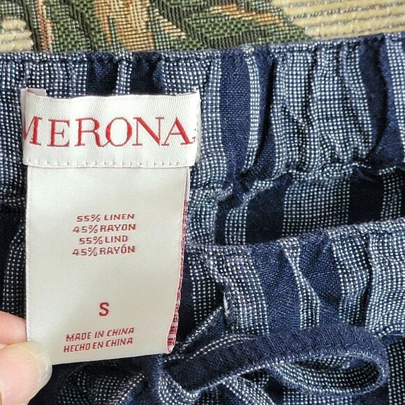 Merona Pants Womens Small Blue Striped Linen Blend Wide Leg Pull On Drawstring - Picture 10 of 11